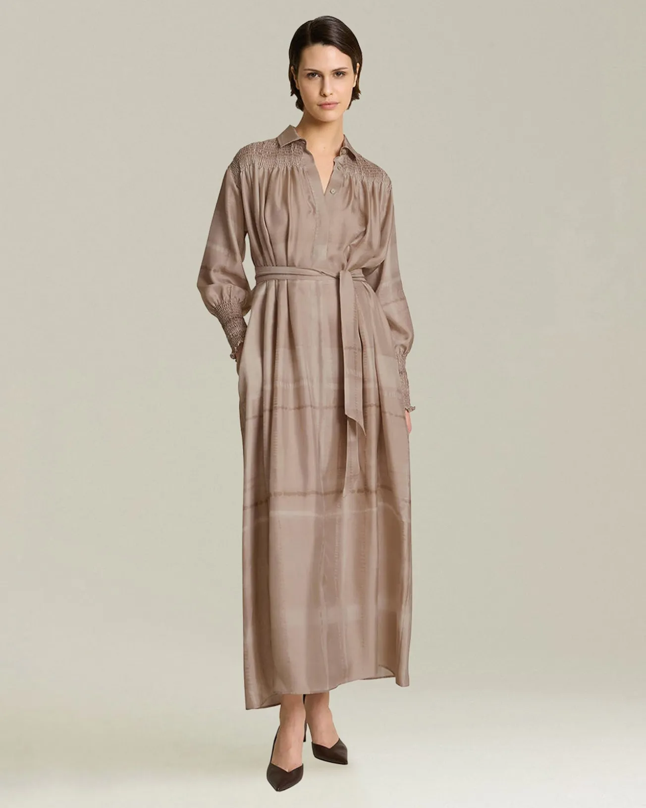 Abito chemisier in cady di seta stampata beige