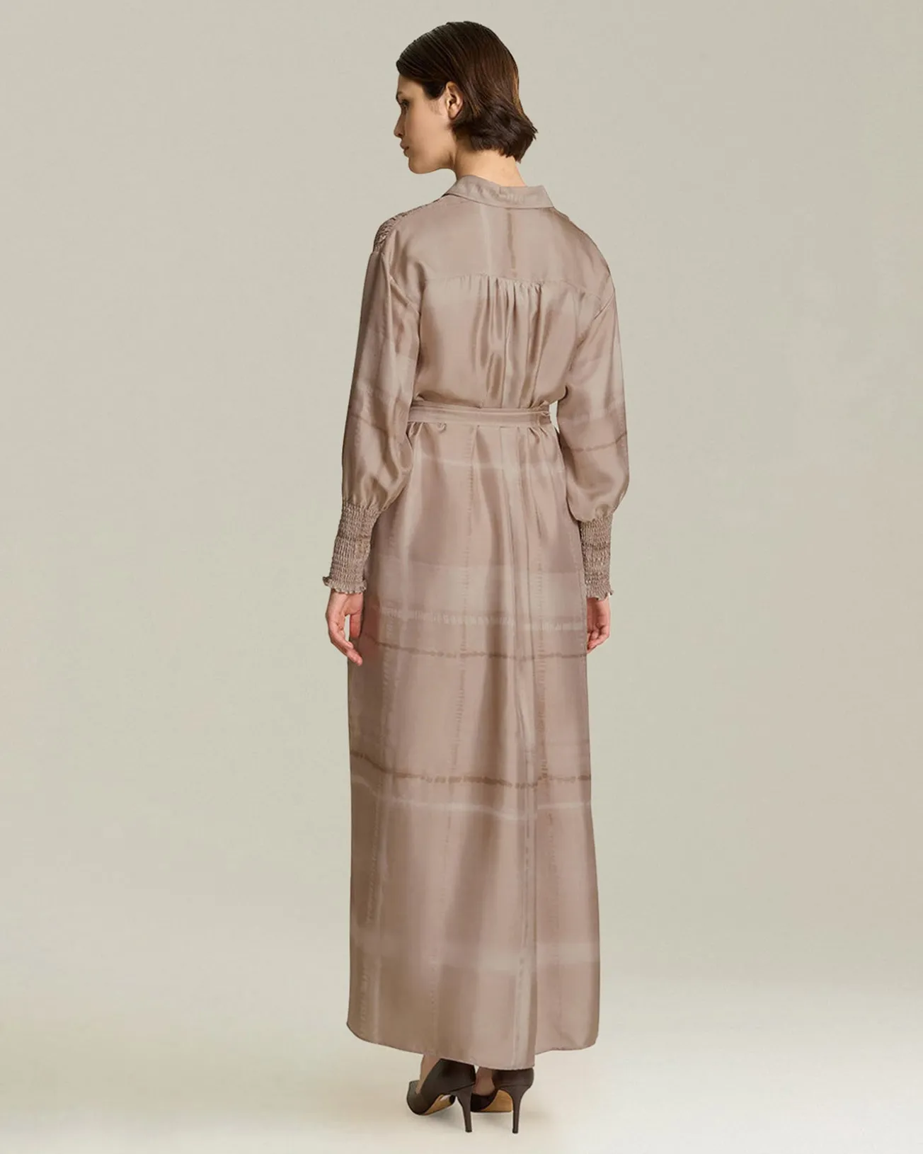 Abito chemisier in cady di seta stampata beige