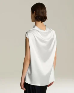 Blusa manica corta in Seta bliano perla con collo drappeggiato