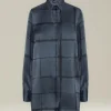 Camicia 100% seta blu con stampa geometrica