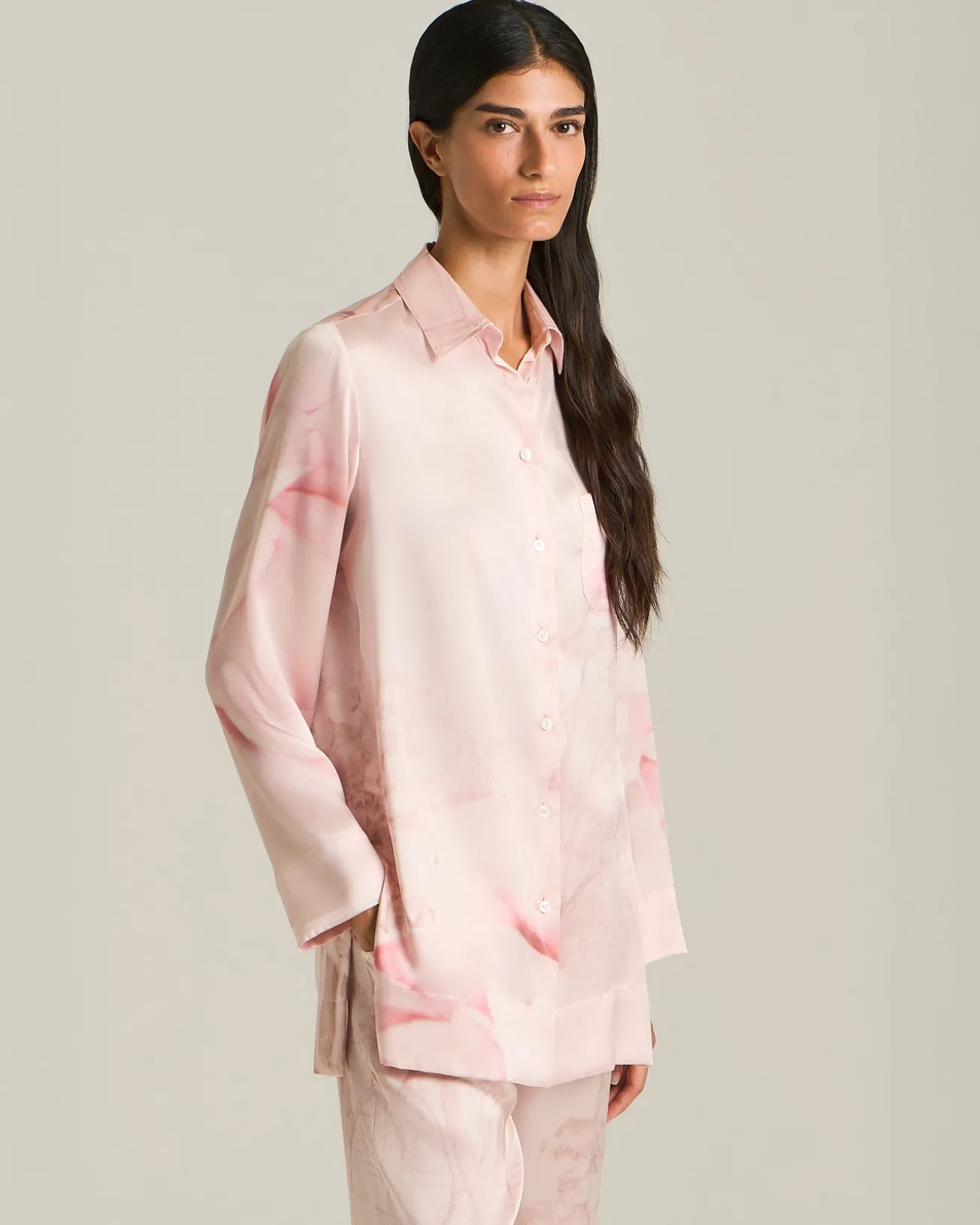Camicia 100% seta rosa chiara stampata