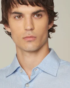 Camicia a righe azzurre in cotone collo francese