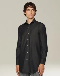 Camicia casual in denim nero con bottoni in madreperla