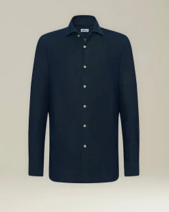 Camicia in denim blu scuro con bottoni in madreperla
