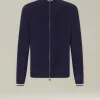 Cardigan con zip blu e bianco in filato di lana