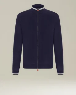 Cardigan con zip blu e bianco in filato di lana