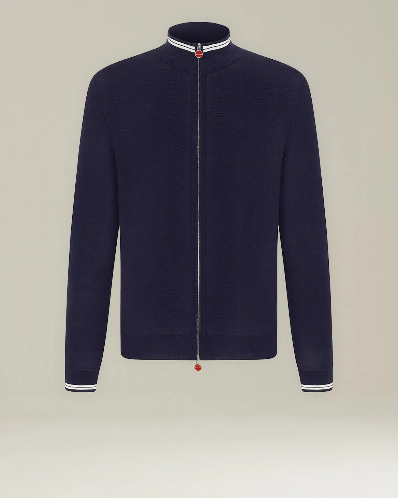 Cardigan con zip blu e bianco in filato di lana