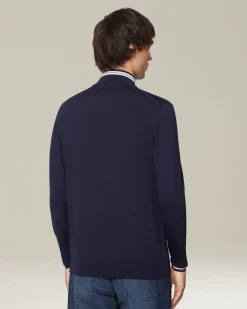 Cardigan con zip blu e bianco in filato di lana