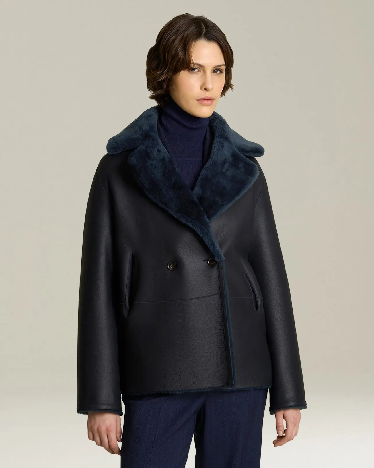 Giacca donna doppiopetto in Shearling blu