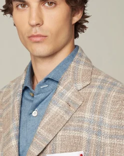 Giacca uomo a quadri grigia e beige in blend di lana vergine