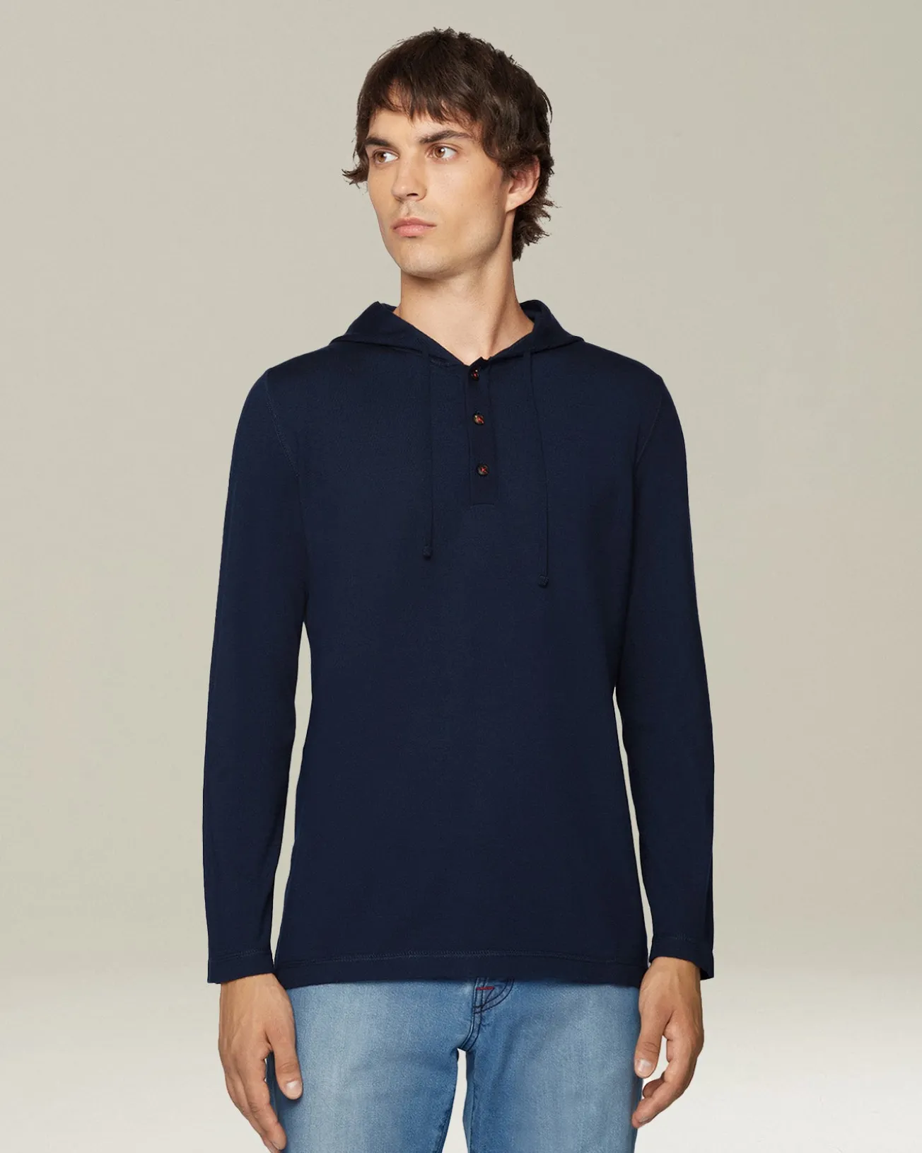 Maglia con cappuccio in cashmere e seta blu