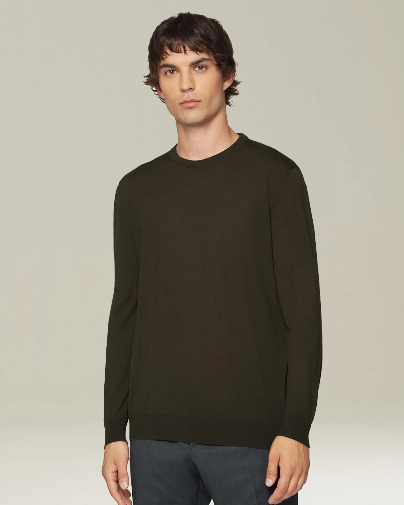 Maglia girocollo filato di lana 14 micron verde militare