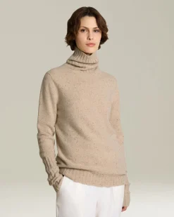 Maglione donna a collo alto in cashmere canneté beige