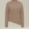 Maglione donna a trecce a collo alto beige in cashmere e seta