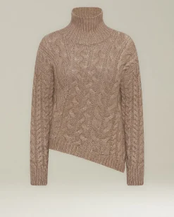 Maglione donna a trecce a collo alto beige in cashmere e seta