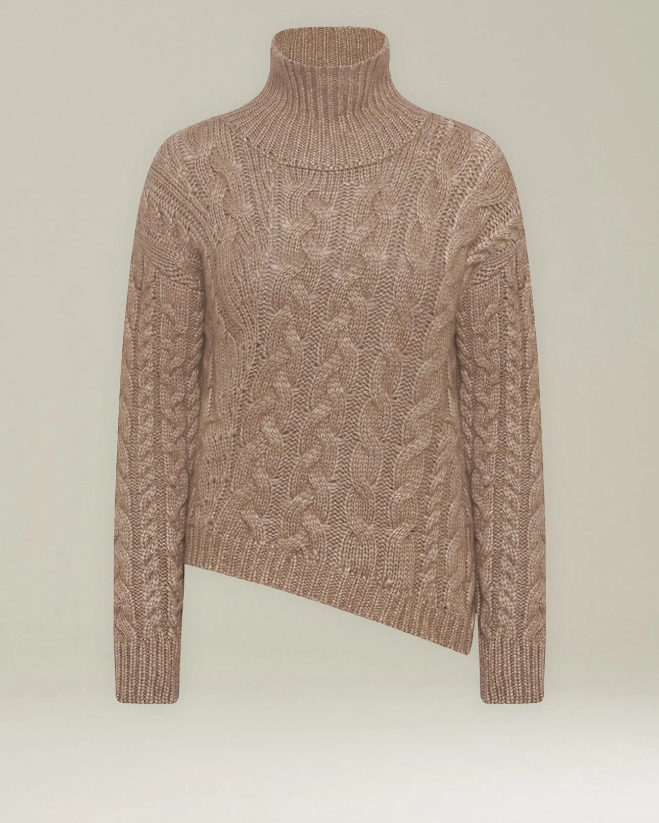 Maglione donna a trecce a collo alto beige in cashmere e seta