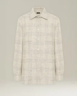 Overshirt donna a quadri panna in blend di seta e lino