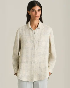 Overshirt donna a quadri panna in blend di seta e lino