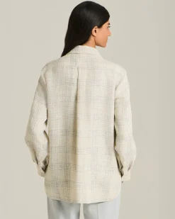 Overshirt donna a quadri panna in blend di seta e lino