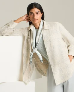 Overshirt donna a quadri panna in blend di seta e lino