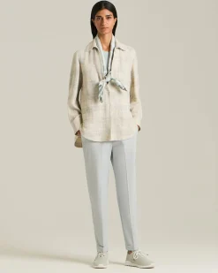 Overshirt donna a quadri panna in blend di seta e lino
