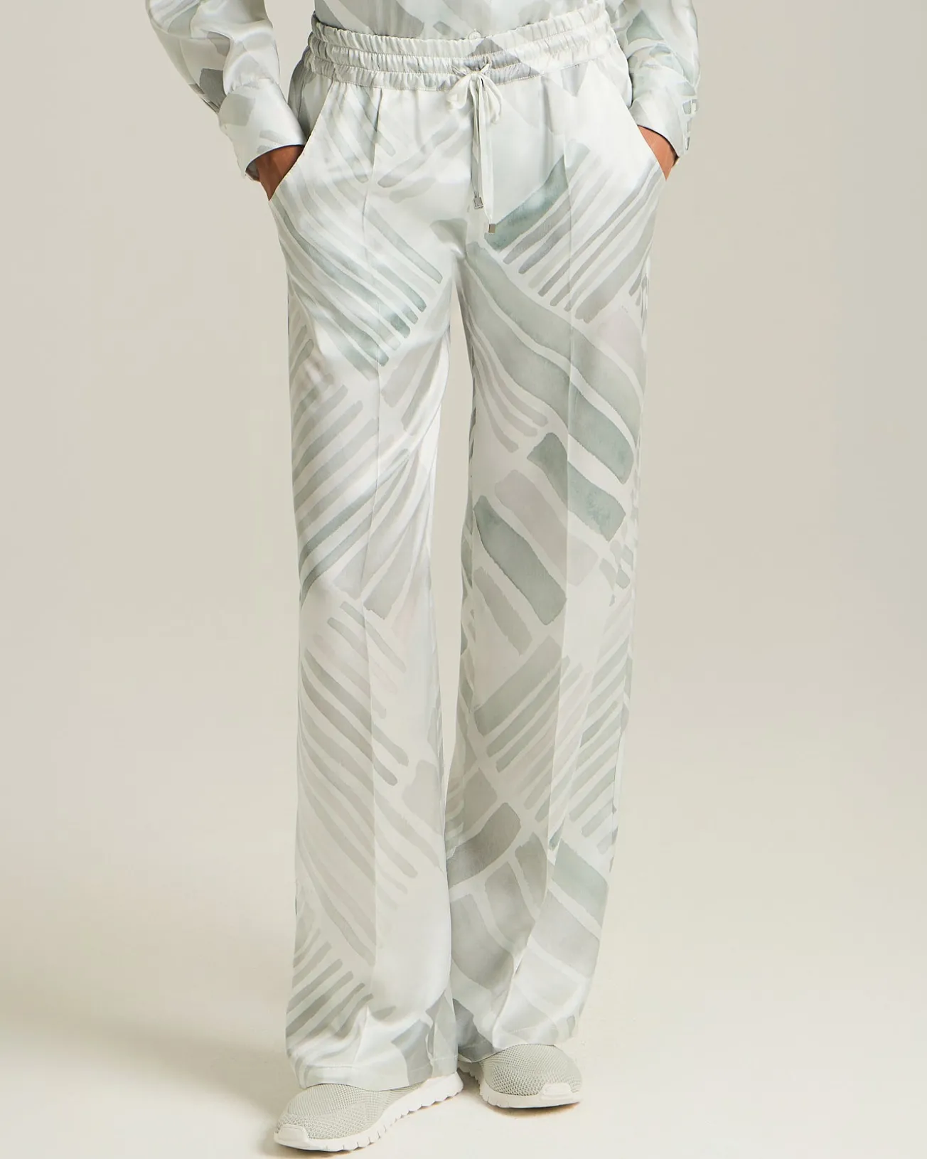 Pantalone 100% seta con motivo grigio azzurro