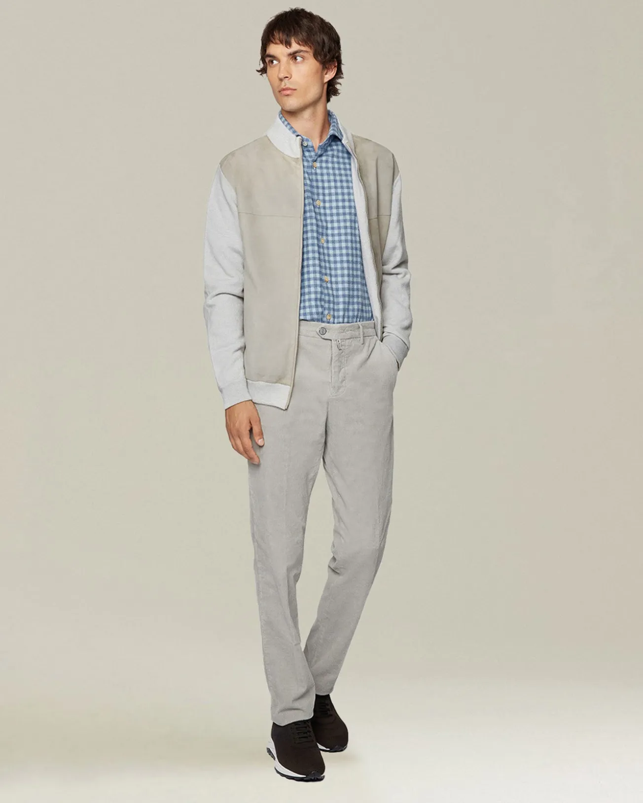 Pantalone grigio chiaro a coste in blend di contone e cashmere