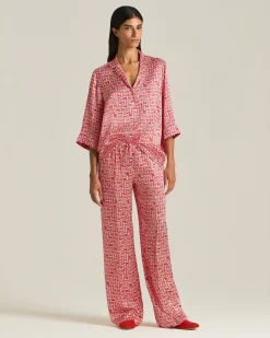 Pantalone palazzo 100% seta con motivo rosso e bianco